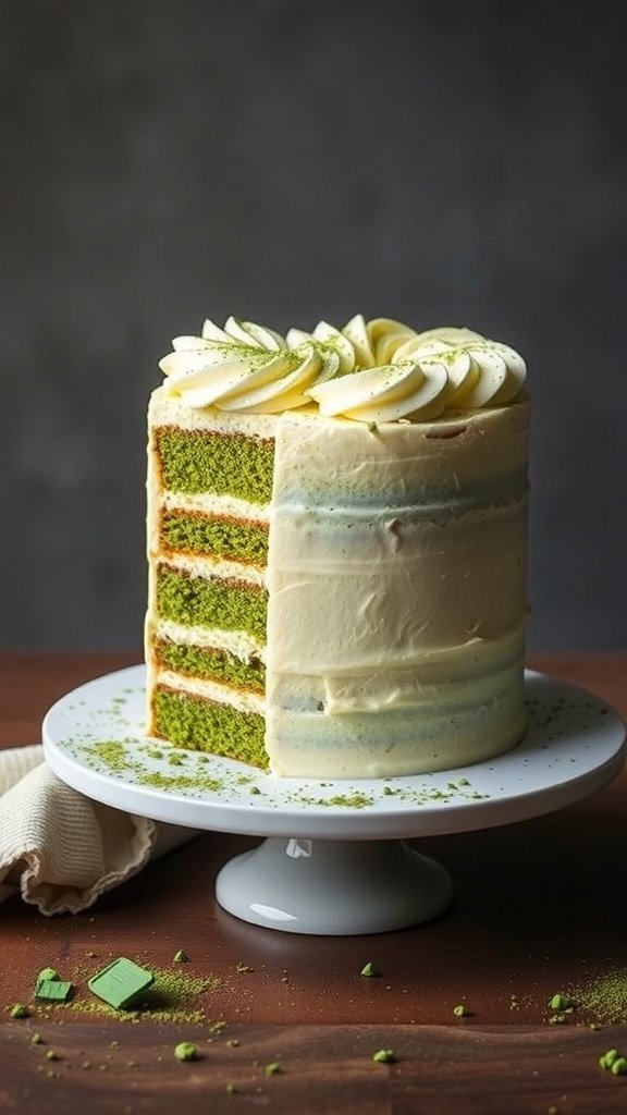 A beautifully layered matcha green tea cake with white chocolate frosting, showcasing vibrant green layers and decorative swirls on top.