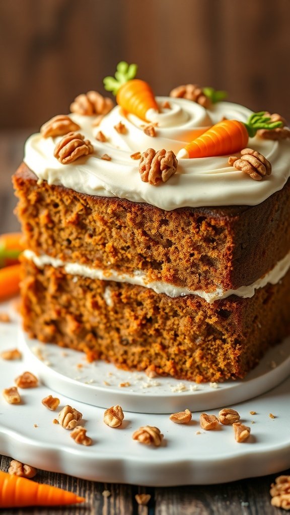 A delicious carrot cake with cream cheese frosting, topped with tiny carrot decorations and nuts, displayed on a white plate.