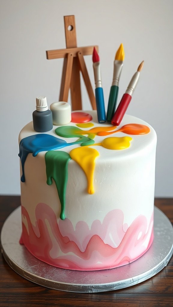 A colorful cake designed like an artist's palette, featuring paint drips and miniature paintbrushes.