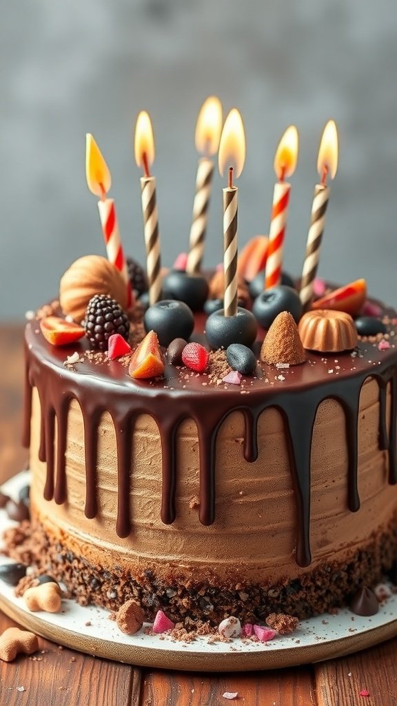 A beautifully decorated chocolate birthday cake with candles and chocolate drip