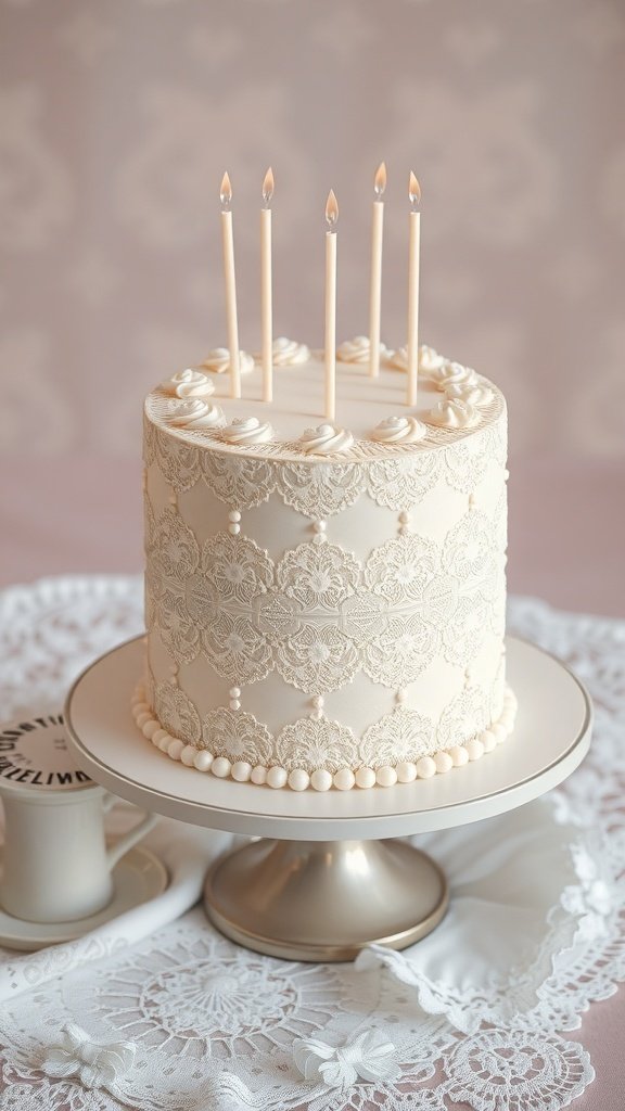 A vintage lace and pearls themed birthday cake with candles on top, displayed on a lace tablecloth.