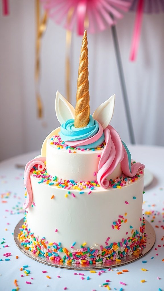 A whimsical unicorn cake with a golden horn, colorful frosting, and sprinkles.