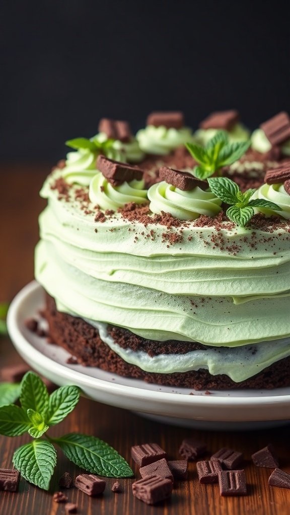 A delicious chocolate mint cake with mint frosting and chocolate garnishes.