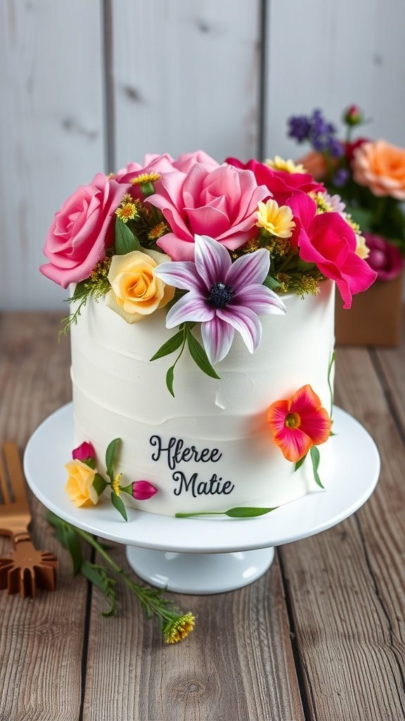 A beautiful floral buttercream cake decorated with colorful flowers and a personalized message.