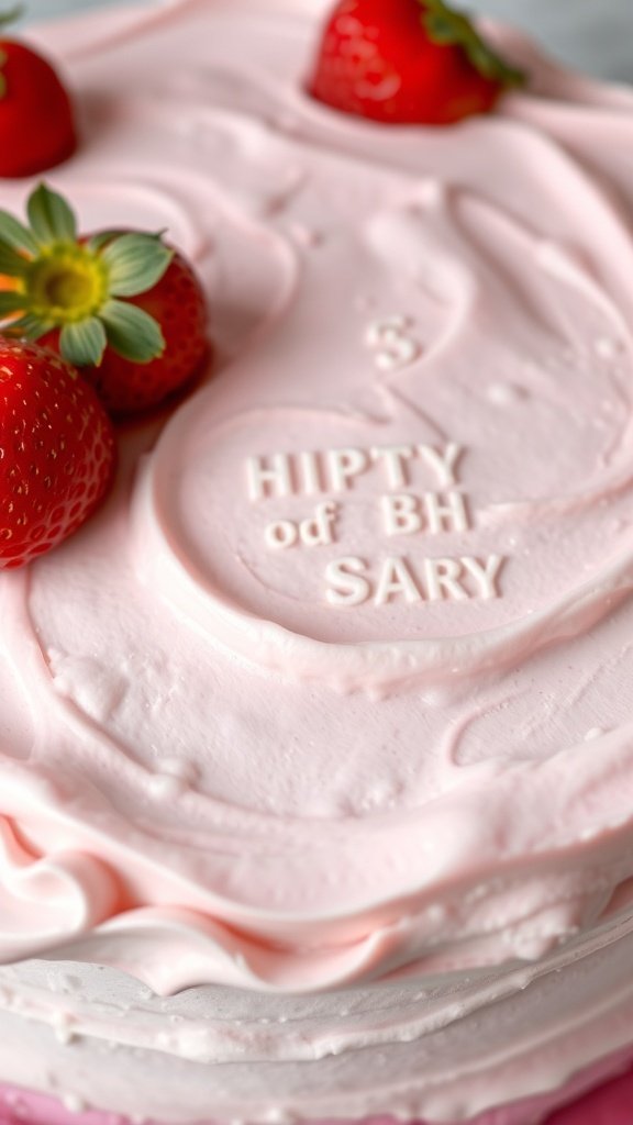 A close-up of a strawberry birthday cake with pink buttercream swirls and fresh strawberries on top.