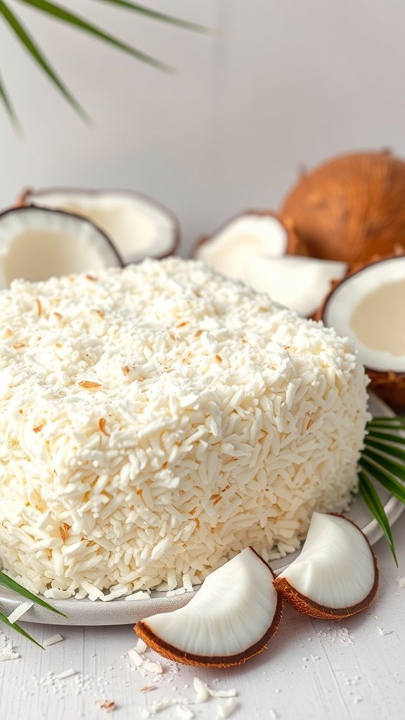 A coconut cream cake topped with shredded coconut and fresh coconut halves.