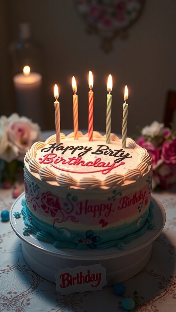 A beautifully decorated birthday cake with a watercolor finish, featuring colorful candles and a 'Happy Birthday' message.
