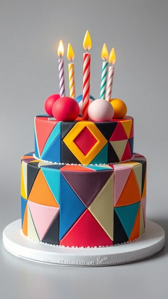 A colorful birthday cake with bold geometric designs, featuring triangles and circles, topped with candles.