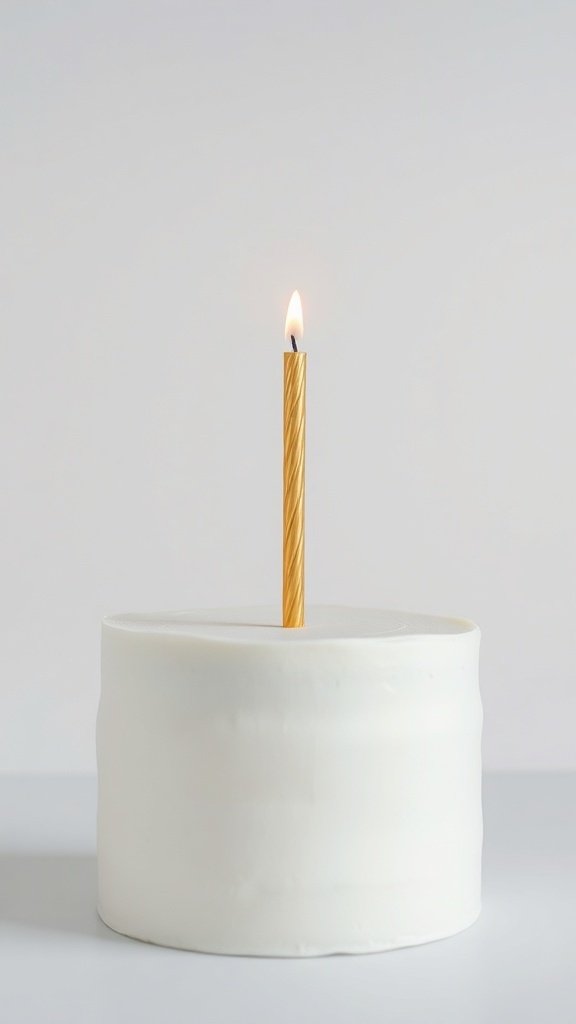 A minimalist birthday cake with white frosting and a single golden candle on top.