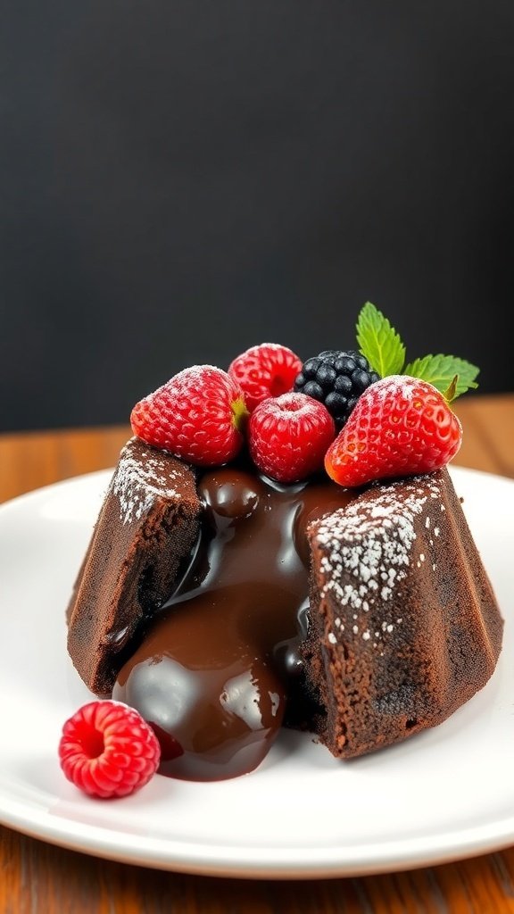 A chocolate lava cake with a gooey center, topped with fresh strawberries, raspberries, and blackberries on a white plate.