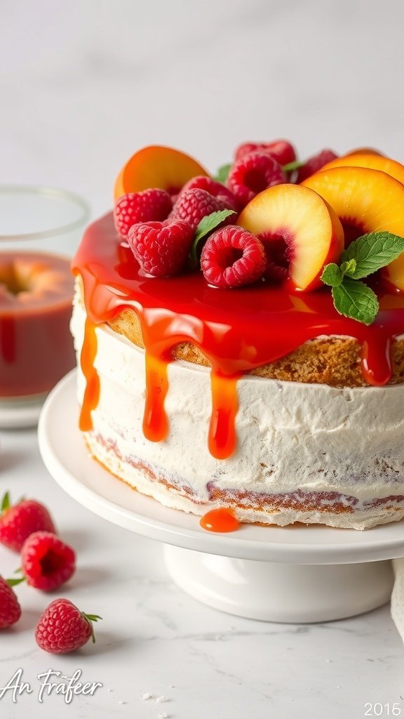 A beautifully decorated Peach Melba Cake topped with fresh peaches, raspberries, and a glossy raspberry sauce.