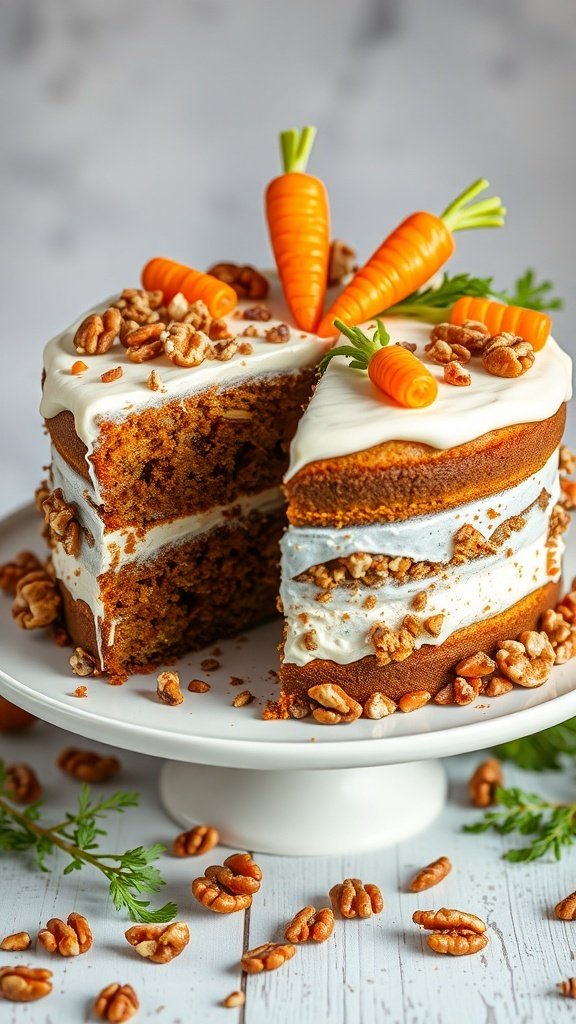 A delicious carrot cake with walnuts, topped with mini carrots and cream cheese frosting, displayed on a white cake stand.