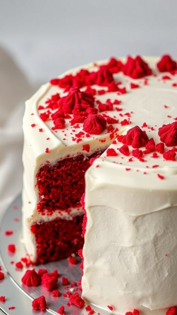 A beautifully decorated red velvet cake with cream cheese icing, featuring red velvet crumbs and decorative icing on top.