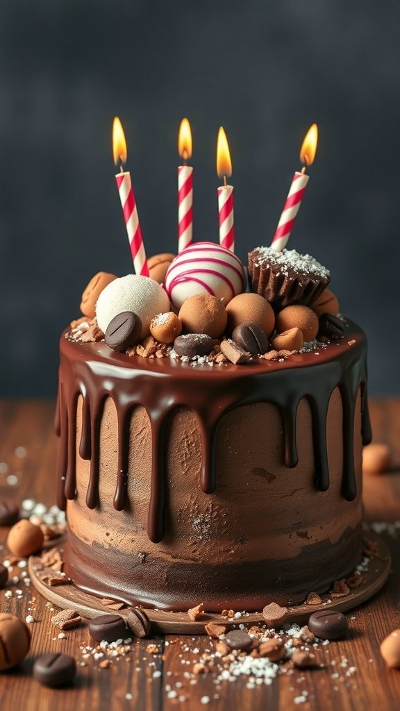 A beautifully decorated chocolate drip birthday cake with candles and various chocolates on top.
