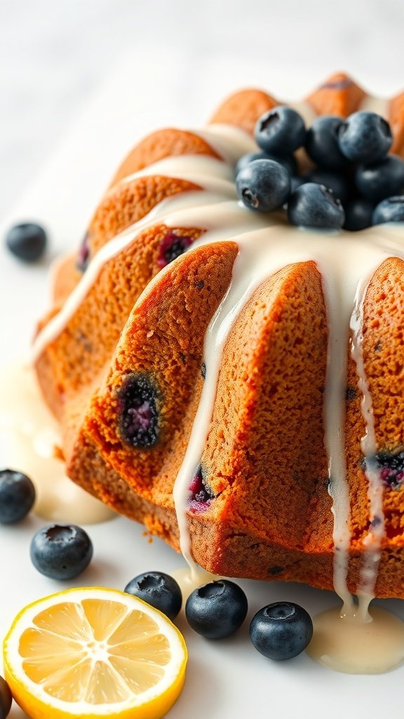 A delicious Lemon Blueberry Bundt Cake topped with blueberries and a lemon glaze, with a slice of lemon on the side.