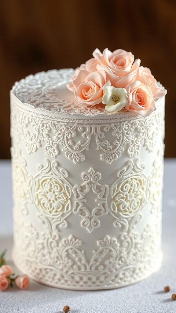 A beautifully designed vintage lace cake with intricate white lace patterns and pastel roses on top.