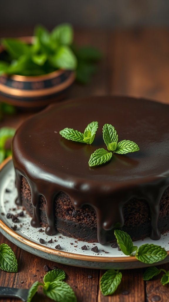 A rich chocolate mint cake topped with glossy ganache and garnished with fresh mint leaves.