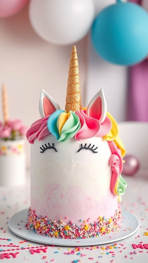 A whimsical unicorn cake with colorful frosting, a golden horn, and sprinkles.