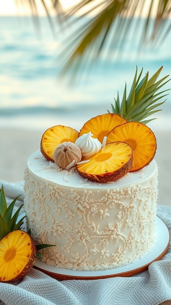 A beautifully decorated Tropical Coconut Cake with pineapple slices on top, set against a beach background.