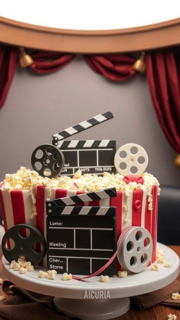 A creatively designed birthday cake resembling a popcorn box, topped with a clapperboard and film reels, surrounded by edible popcorn.