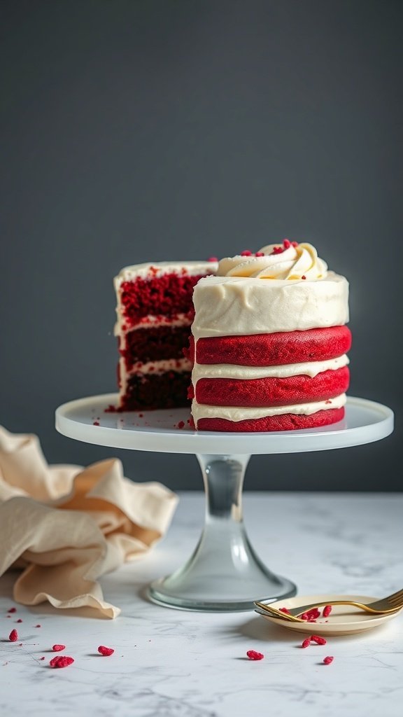 A beautifully layered red velvet cake with cream cheese frosting, displayed on a glass cake stand.