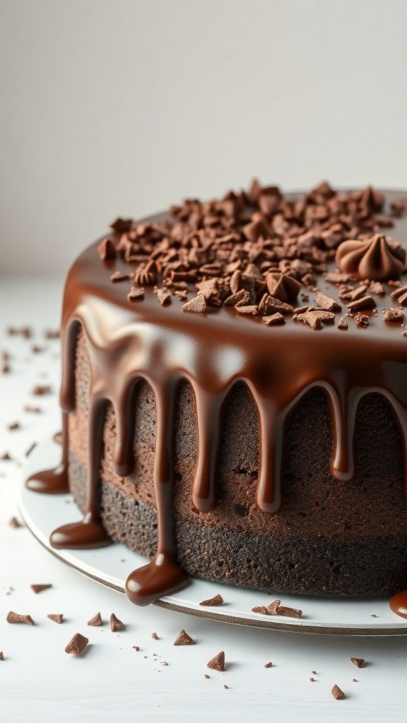 A delicious chocolate drip cake with chocolate ganache and shavings on top.