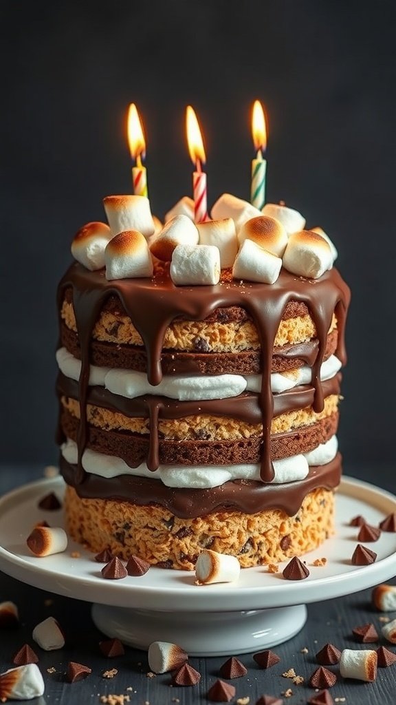 A S'mores birthday cake with layers of chocolate, marshmallows, and candles on top.