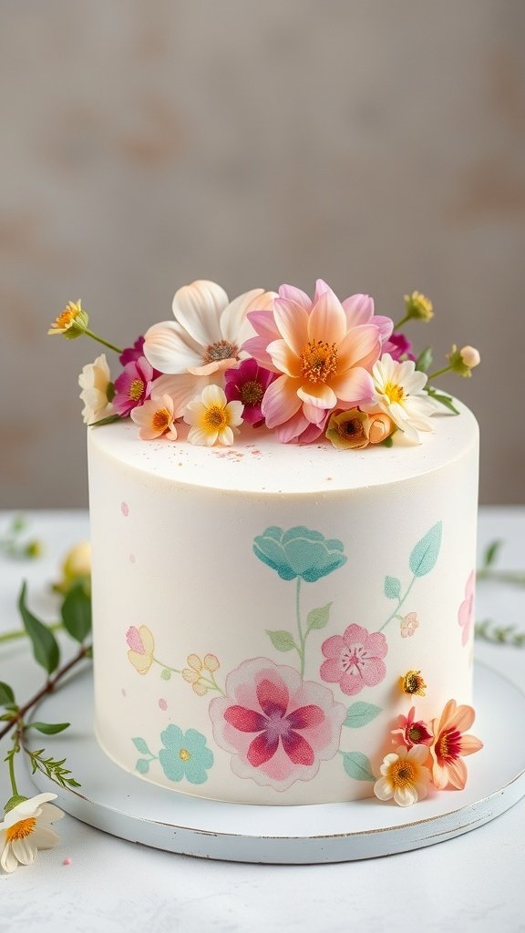 A beautifully decorated watercolor floral cake with pastel colors and edible flowers on top.