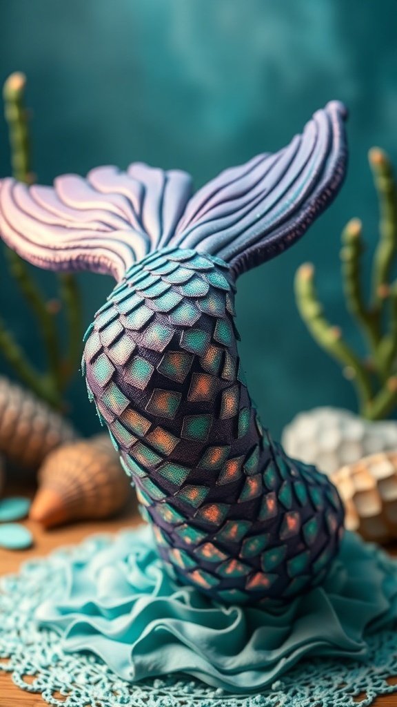 A beautifully crafted mermaid tail cake with vibrant colors and intricate details.