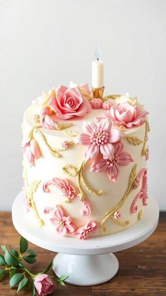 A beautifully decorated floral buttercream cake with pink roses and a candle on top.