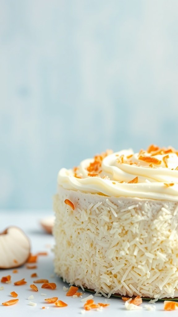 A close-up of a coconut cream cake with toasted coconut on top, showcasing its creamy texture and decoration.