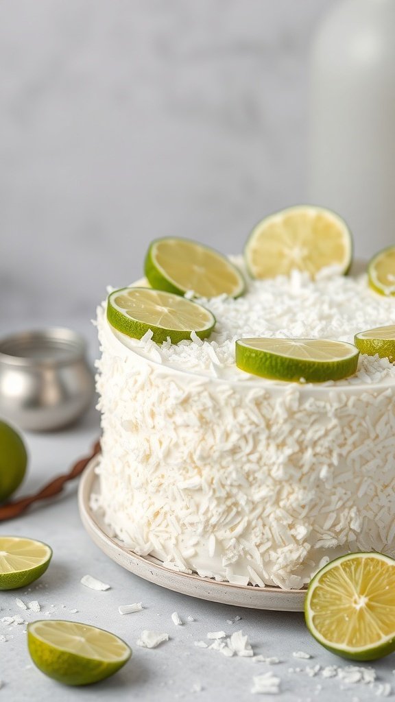 A coconut lime cake decorated with lime slices and shredded coconut.