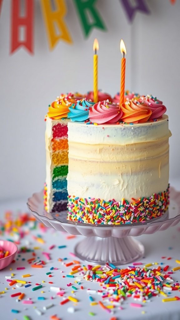 A colorful rainbow layer cake with candles and sprinkles, showcasing vibrant layers and festive decorations.