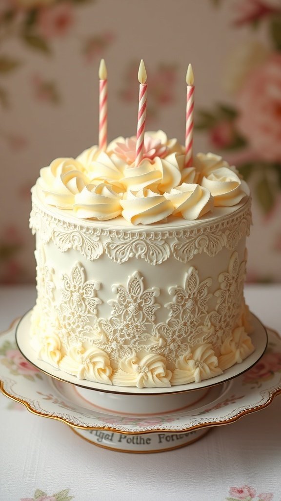 A vintage-style birthday cake with lace design and ruffles, topped with three candles.