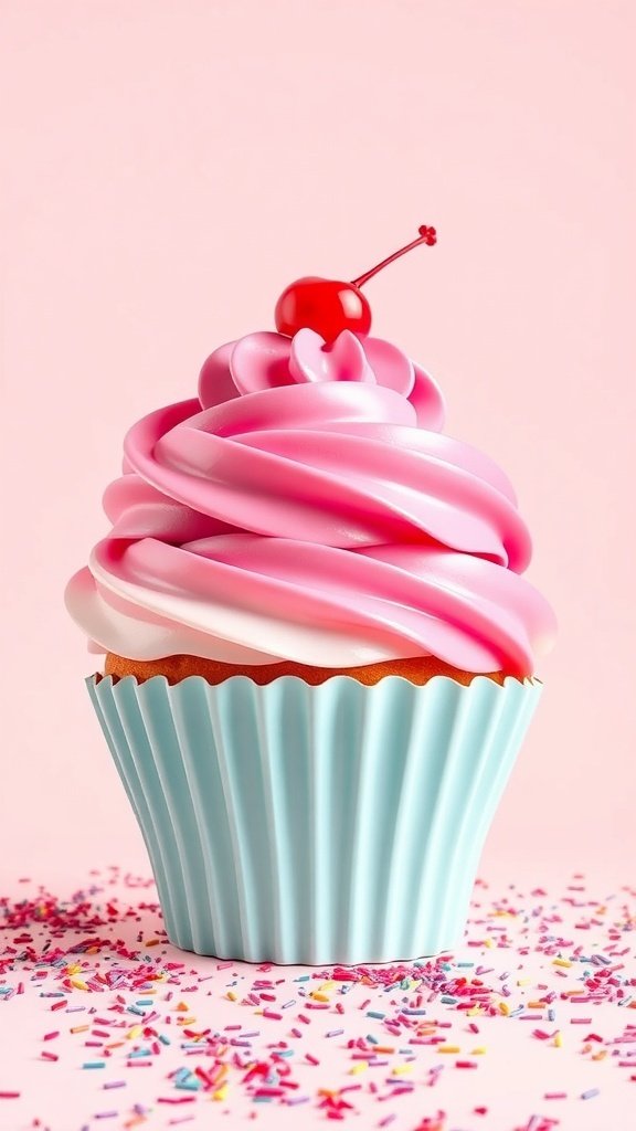 A giant cupcake cake with pink frosting and a cherry on top, surrounded by colorful sprinkles.