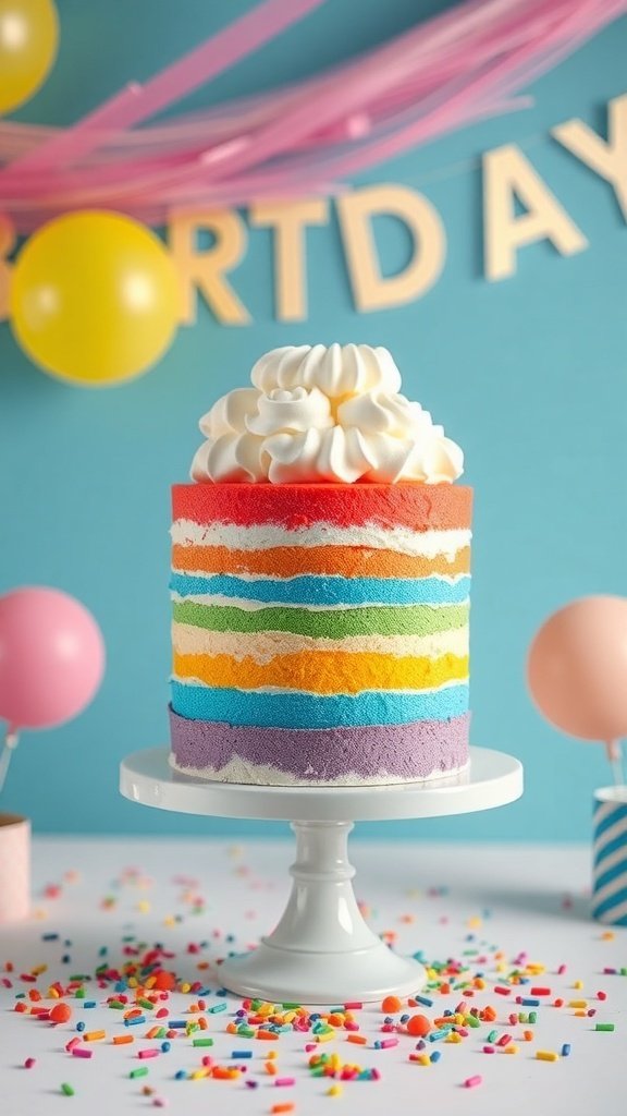 A colorful rainbow layer cake topped with whipped cream and fondant clouds, surrounded by festive decorations.