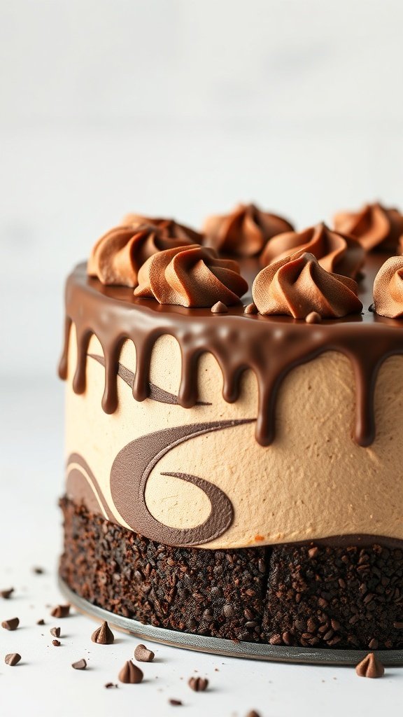A beautifully decorated Nutella Swirl Cake with chocolate frosting and swirls on top.