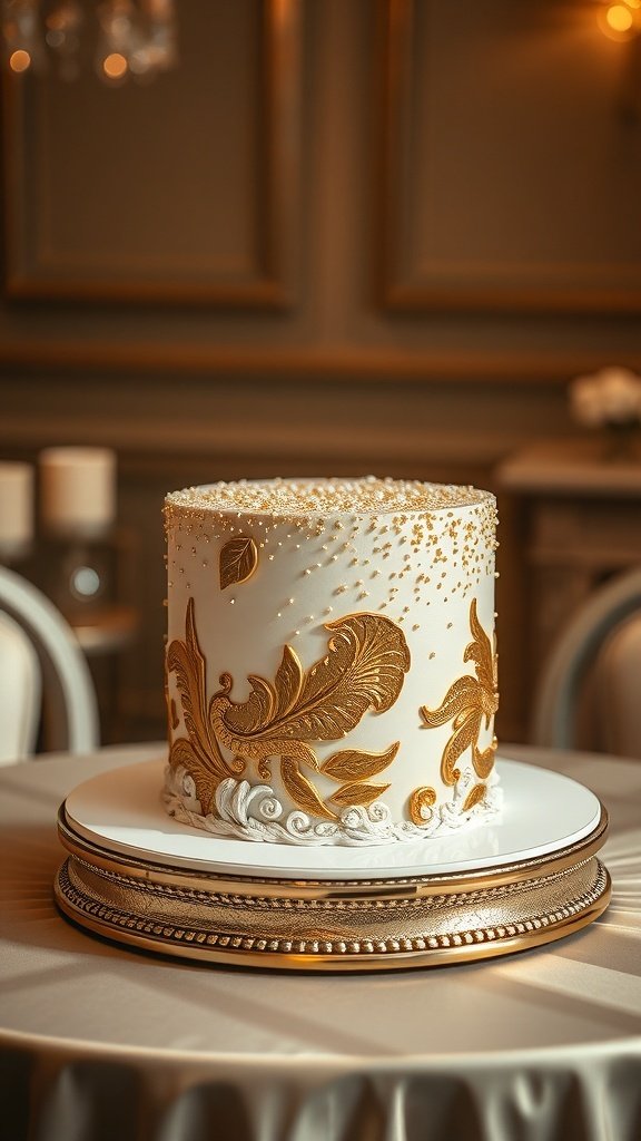 A beautifully decorated cake with gold metallic accents on a white base, displayed on an elegant stand.