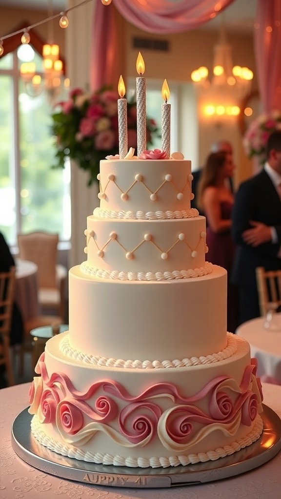 A beautifully decorated three-tier birthday cake with pink swirls and lit candles.