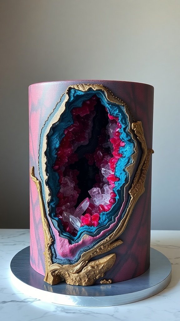 A geode-inspired cake with a pink and blue exterior and a colorful crystal interior.