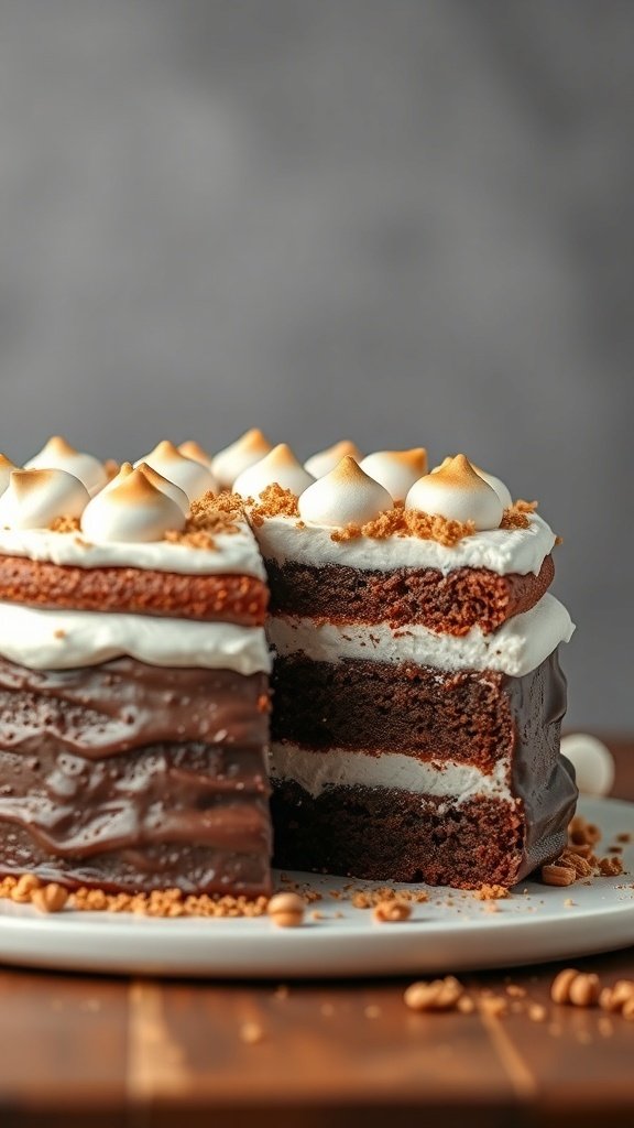 A delicious s'mores cake with layers of chocolate cake, marshmallow frosting, and topped with meringue peaks.