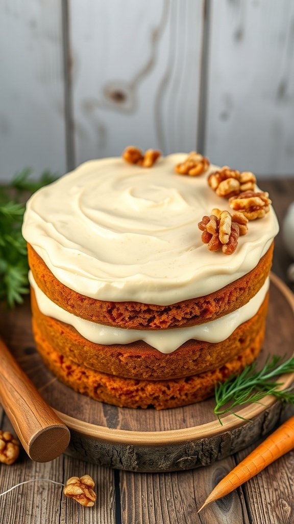 A layered carrot cake with cream cheese frosting and walnuts on top, placed on a wooden platter.