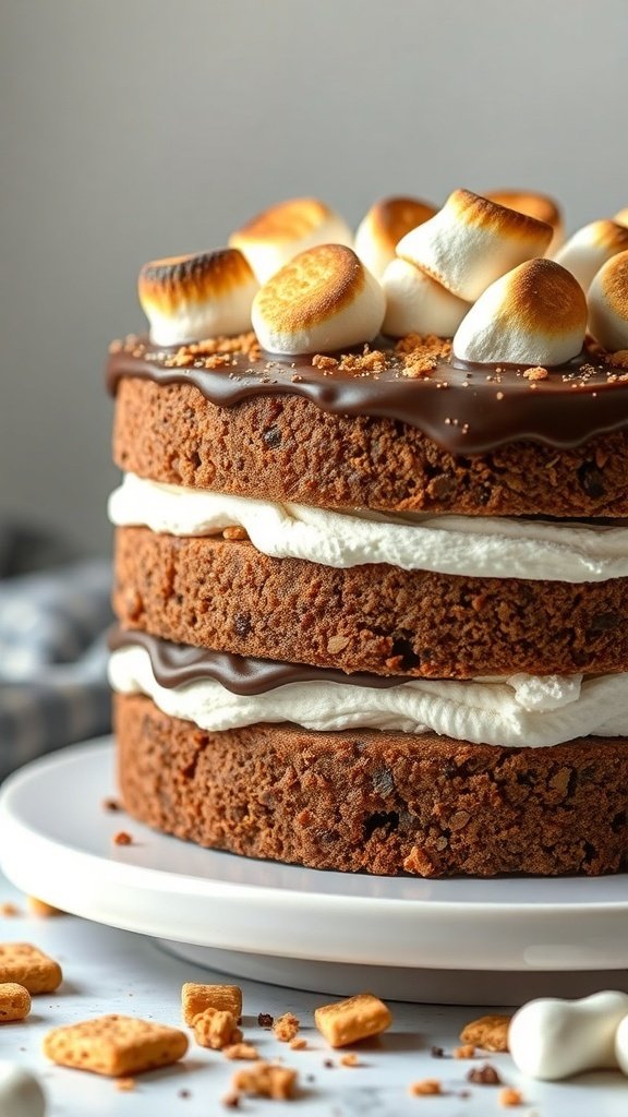 A delicious s'mores cake with layers of chocolate cake, marshmallow filling, and toasted marshmallows on top.
