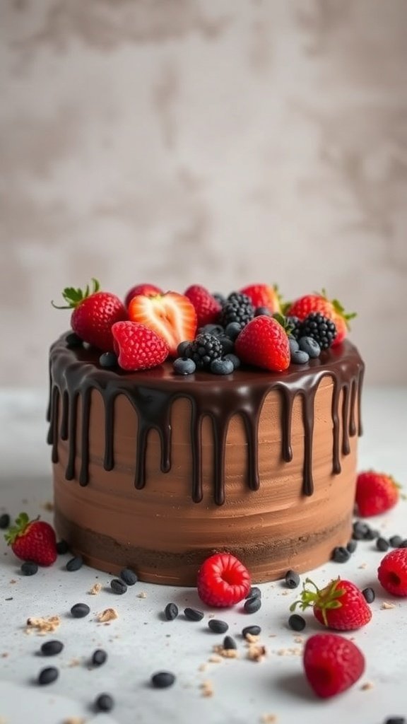 Chocolate drip cake topped with fresh strawberries, blueberries, and blackberries.