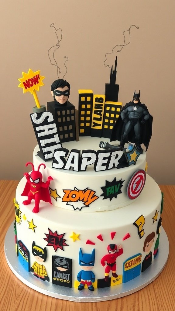 A two-tiered superhero cake decorated with action figures and comic-style elements.