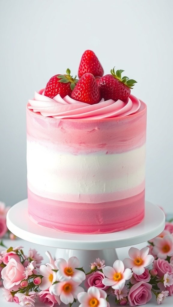 A beautifully decorated strawberry birthday cake with ombre pink frosting and fresh strawberries on top, surrounded by pink flowers.