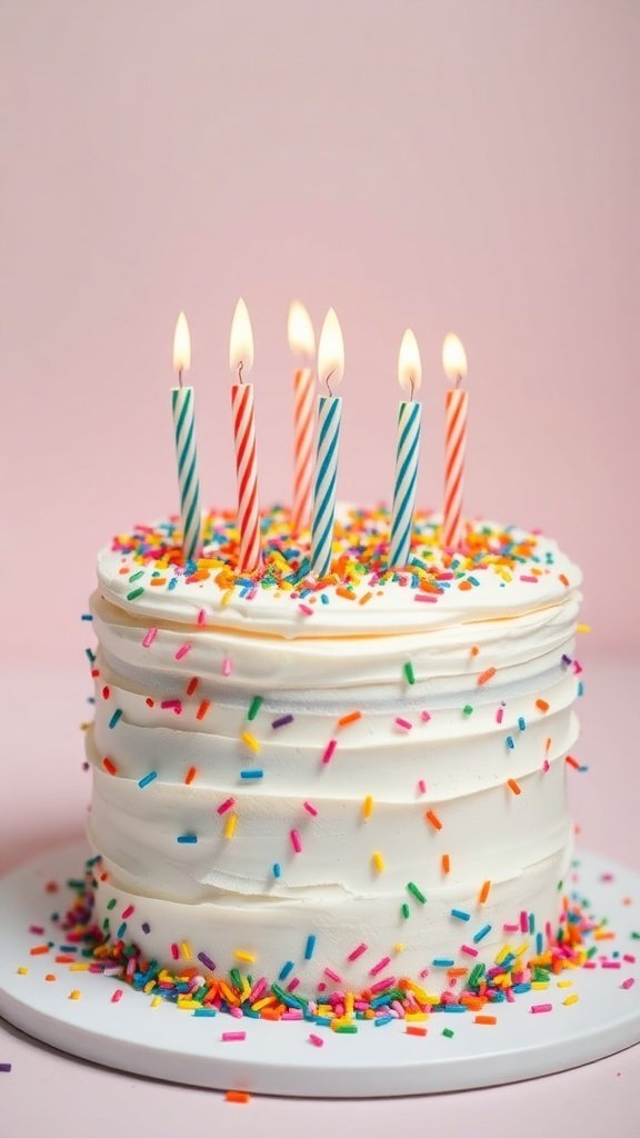 A classic vanilla bean birthday cake with colorful sprinkles and lit candles.