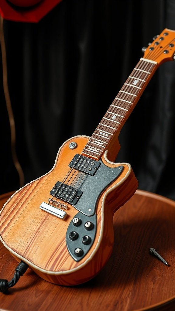 A realistic guitar-shaped cake on a wooden table.