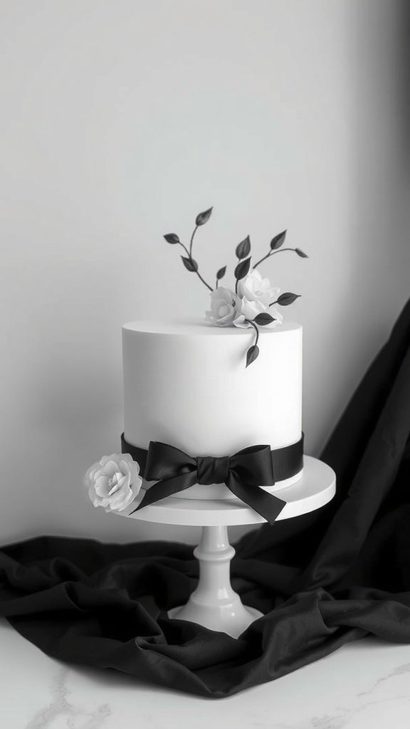 A minimalist monochrome cake design featuring a white cake with black ribbon and floral accents.