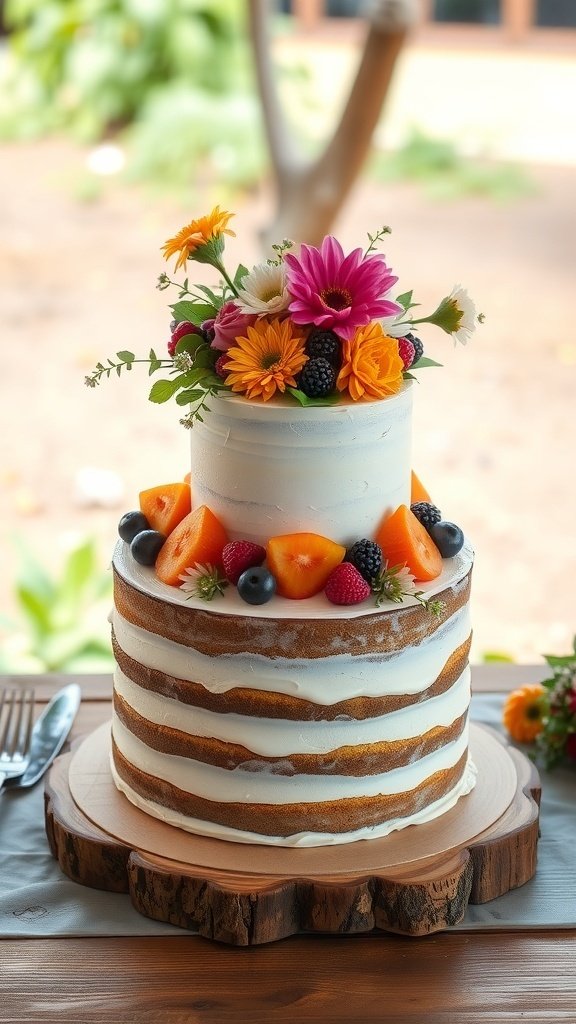 A rustic naked cake with fresh flowers and fruits on a wooden stand.